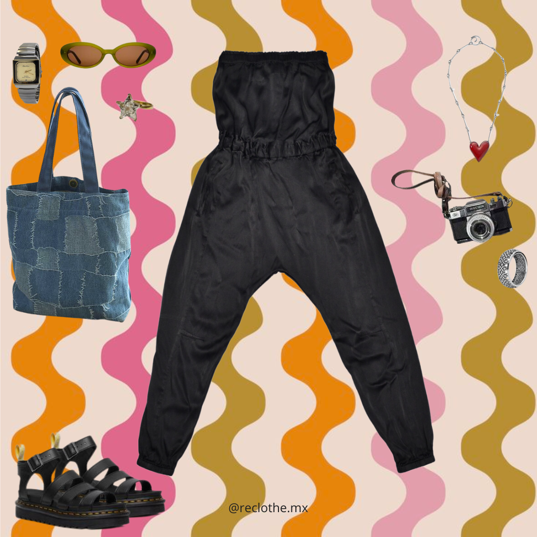 Enterizo negro satinado con bolsas