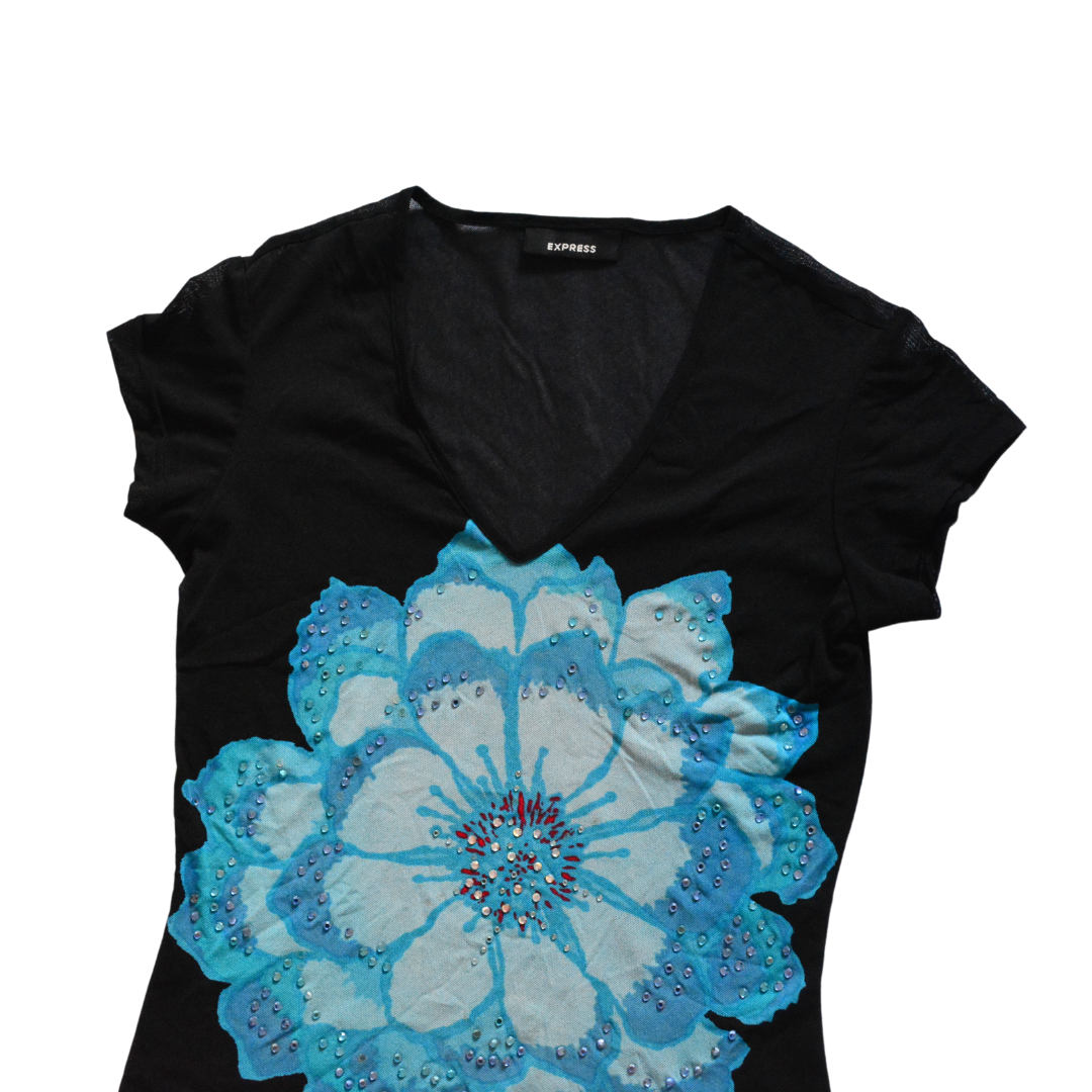 Blusa mesh con rosa azul