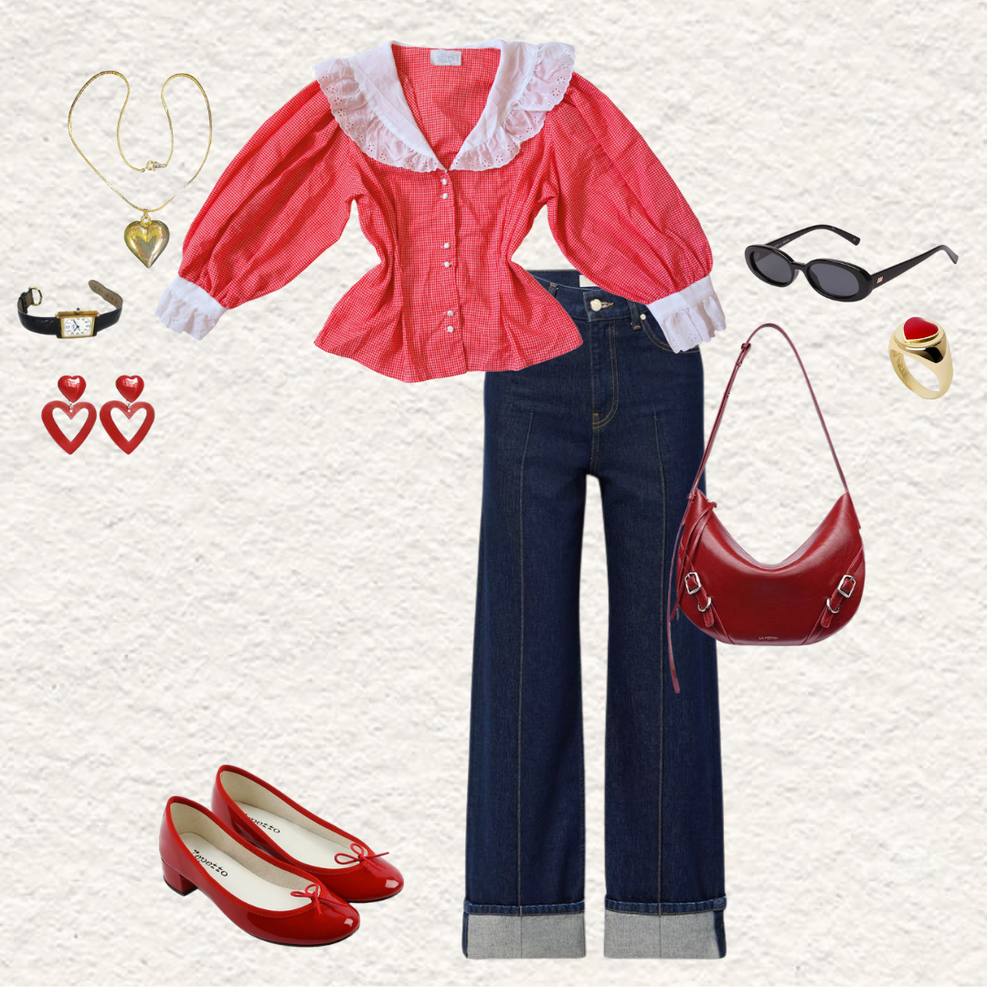 Blusa roja cuadriculada con cuello blanco