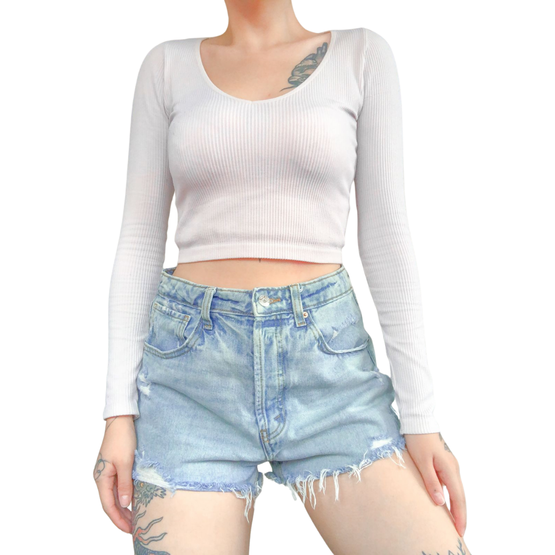 Momshort denim tiro alto