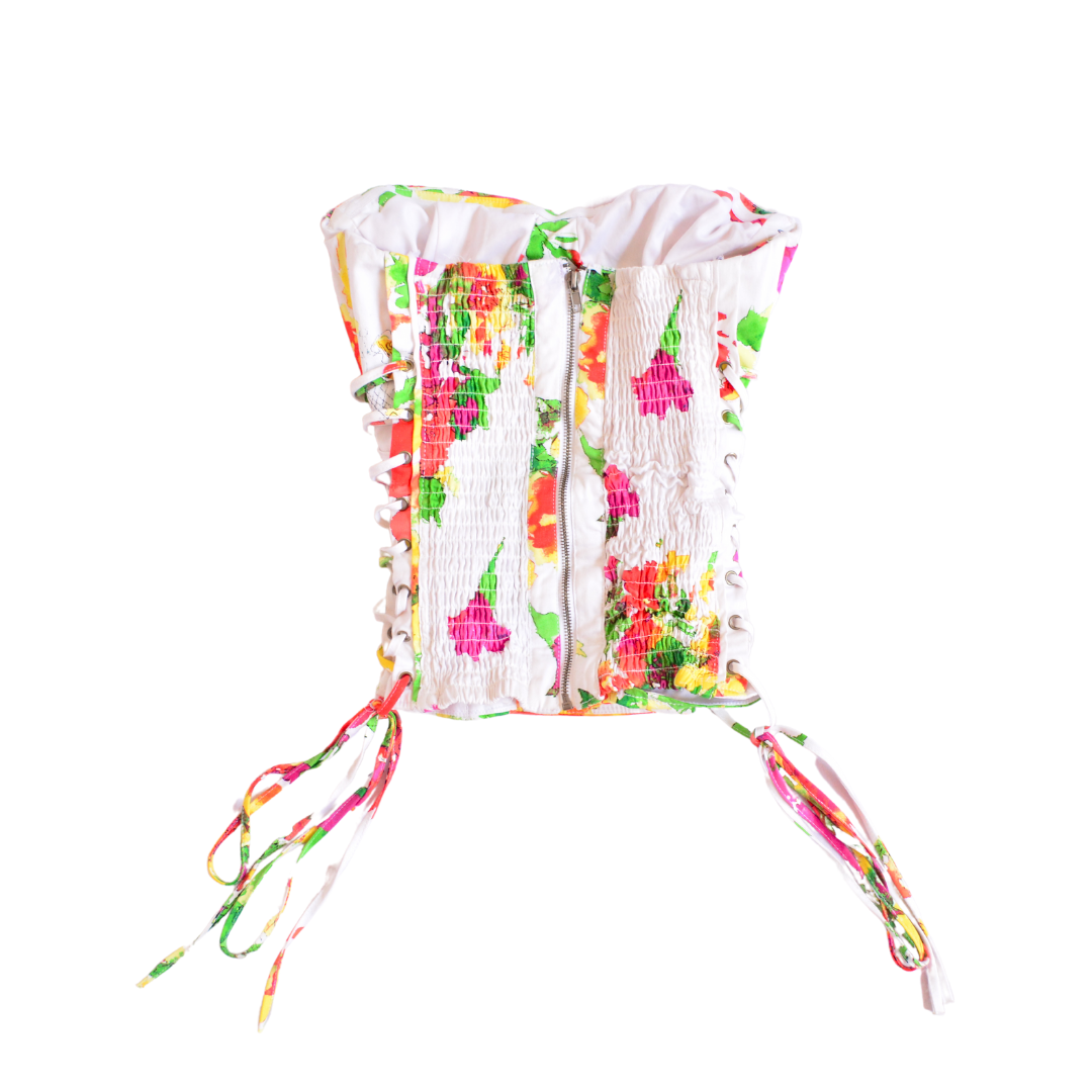 Corset floral con ajustes cruzados