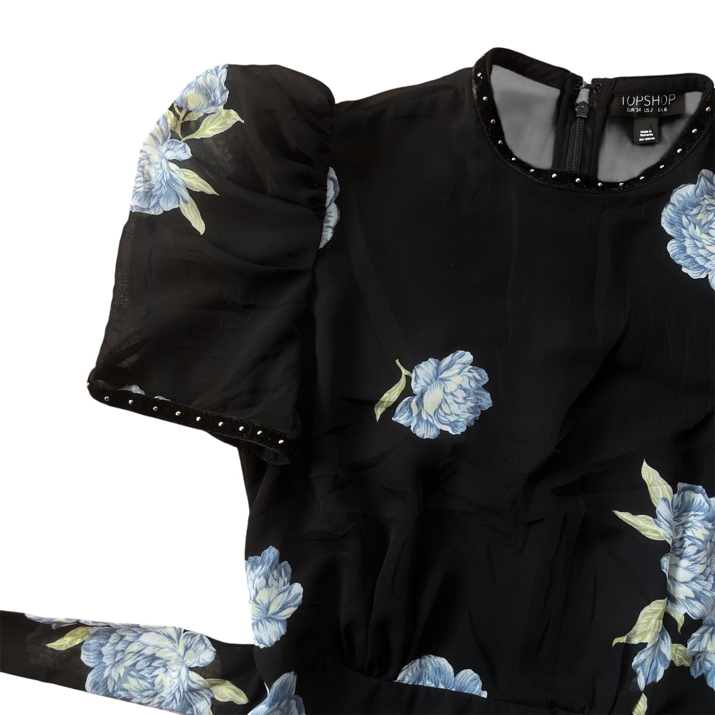 Vestido negro flores azules