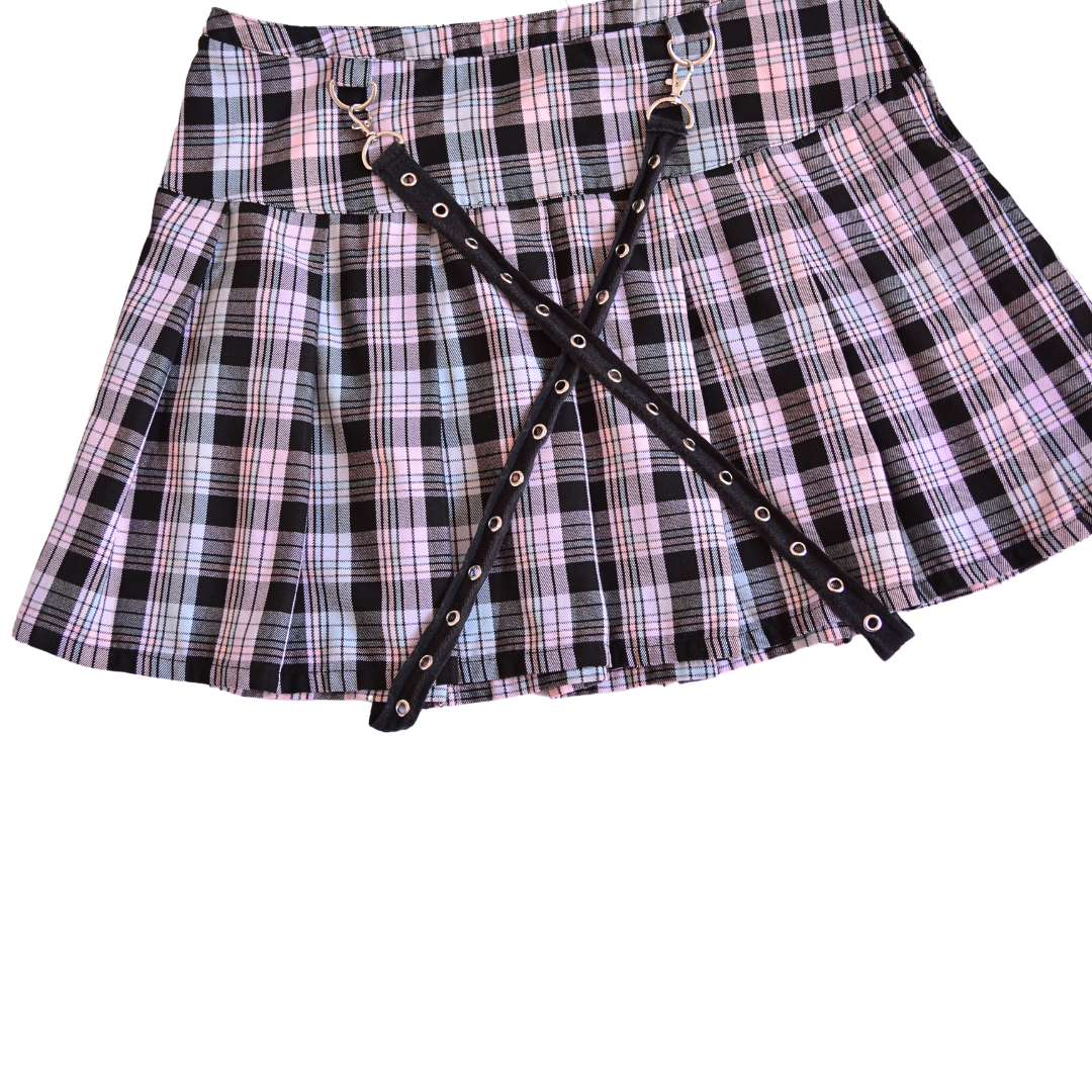 Falda plaid punk rosa pastel con tiras