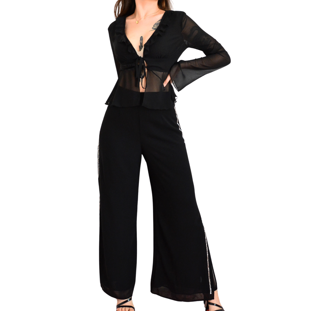Pantalón negro de gasa con canutillo