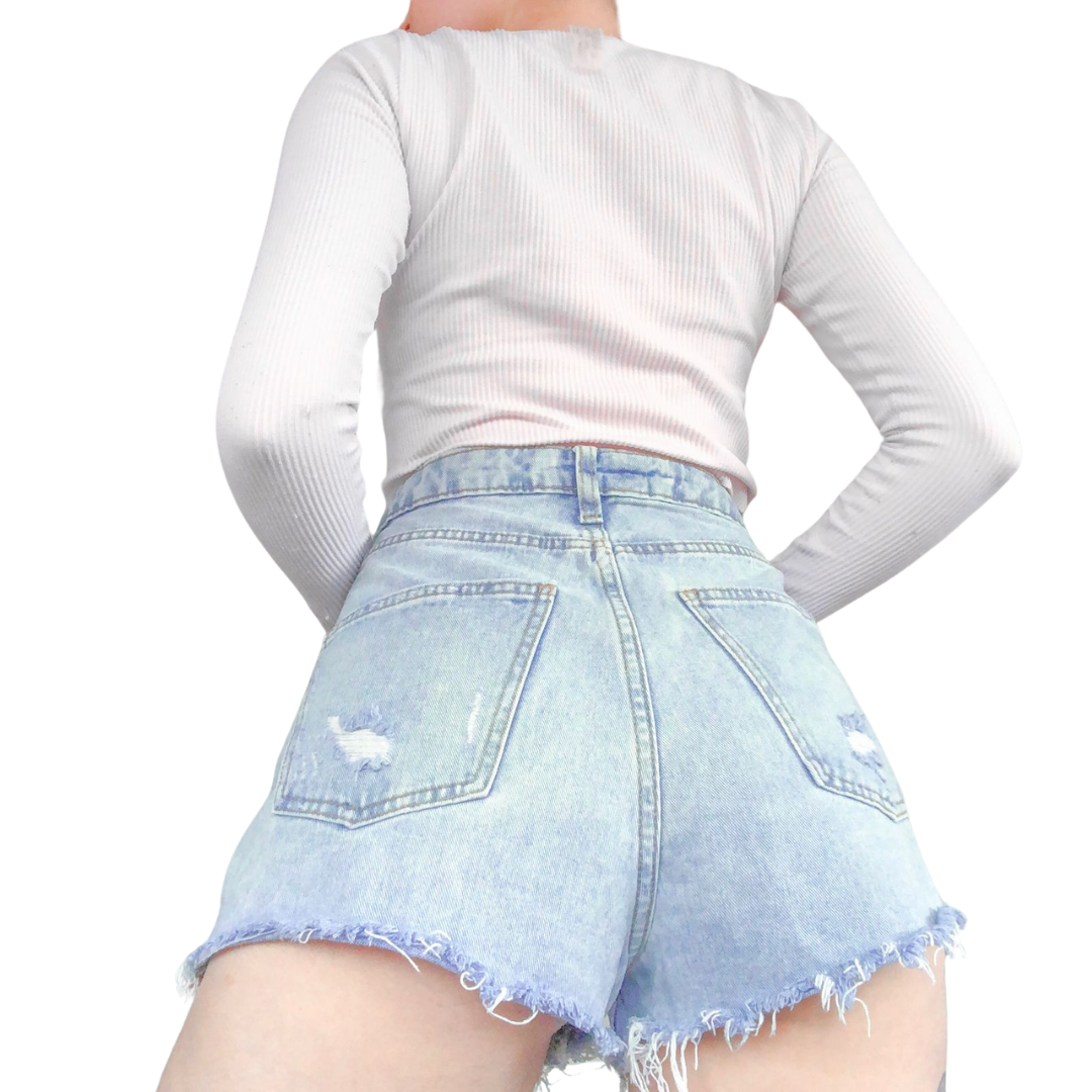Momshort denim tiro alto