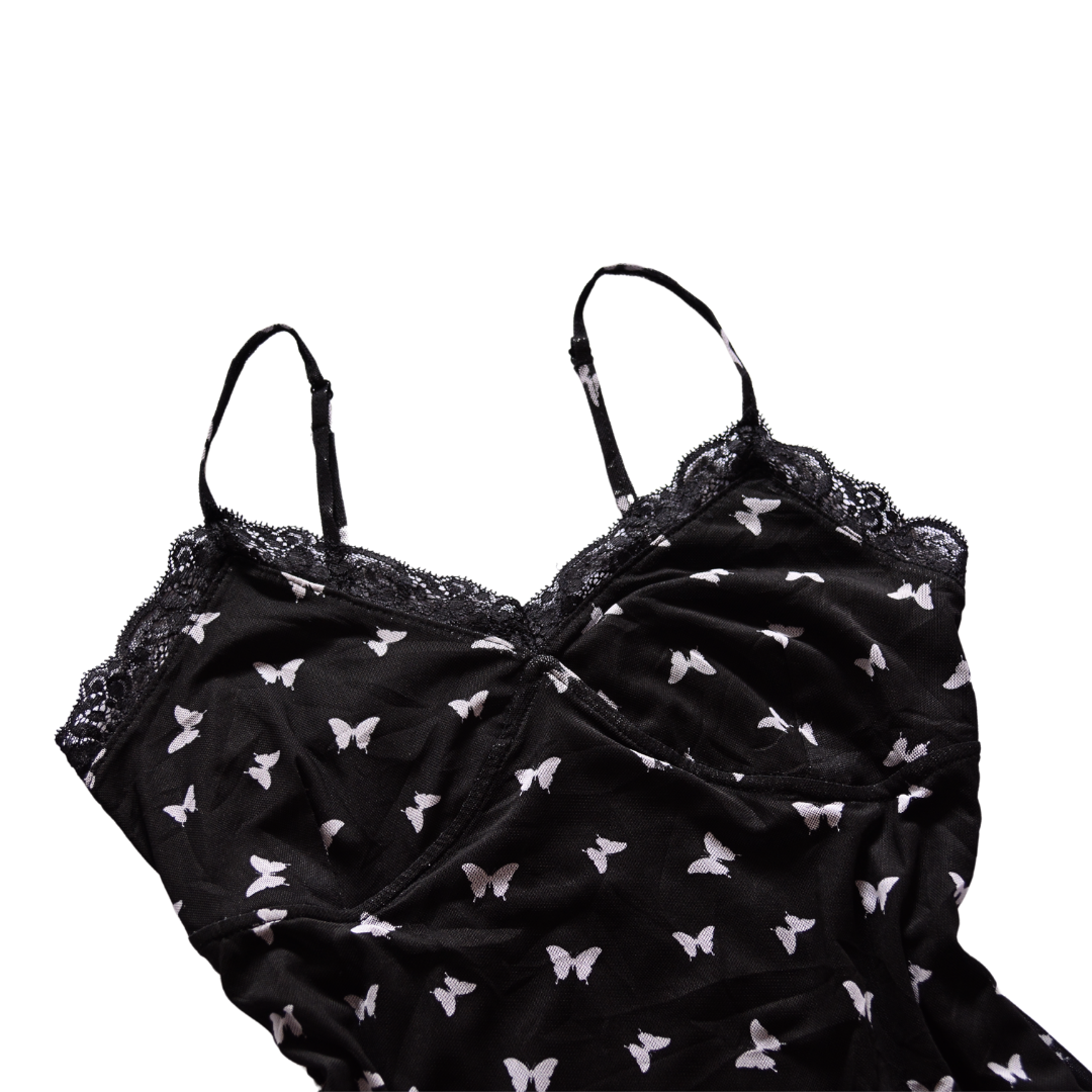Vestido negro mesh con mariposas