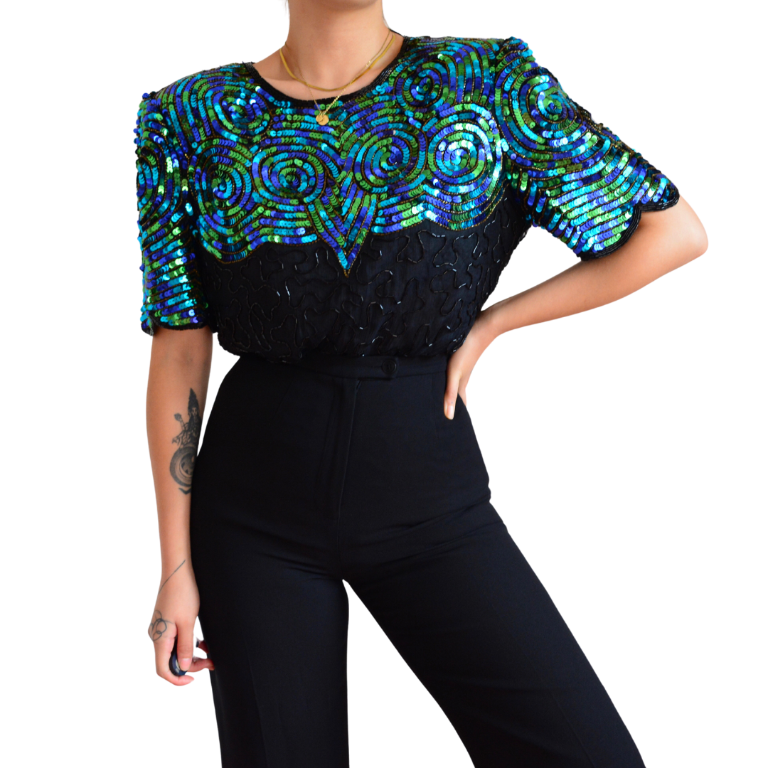Blusa de seda 80s con lentejuela y canutillo