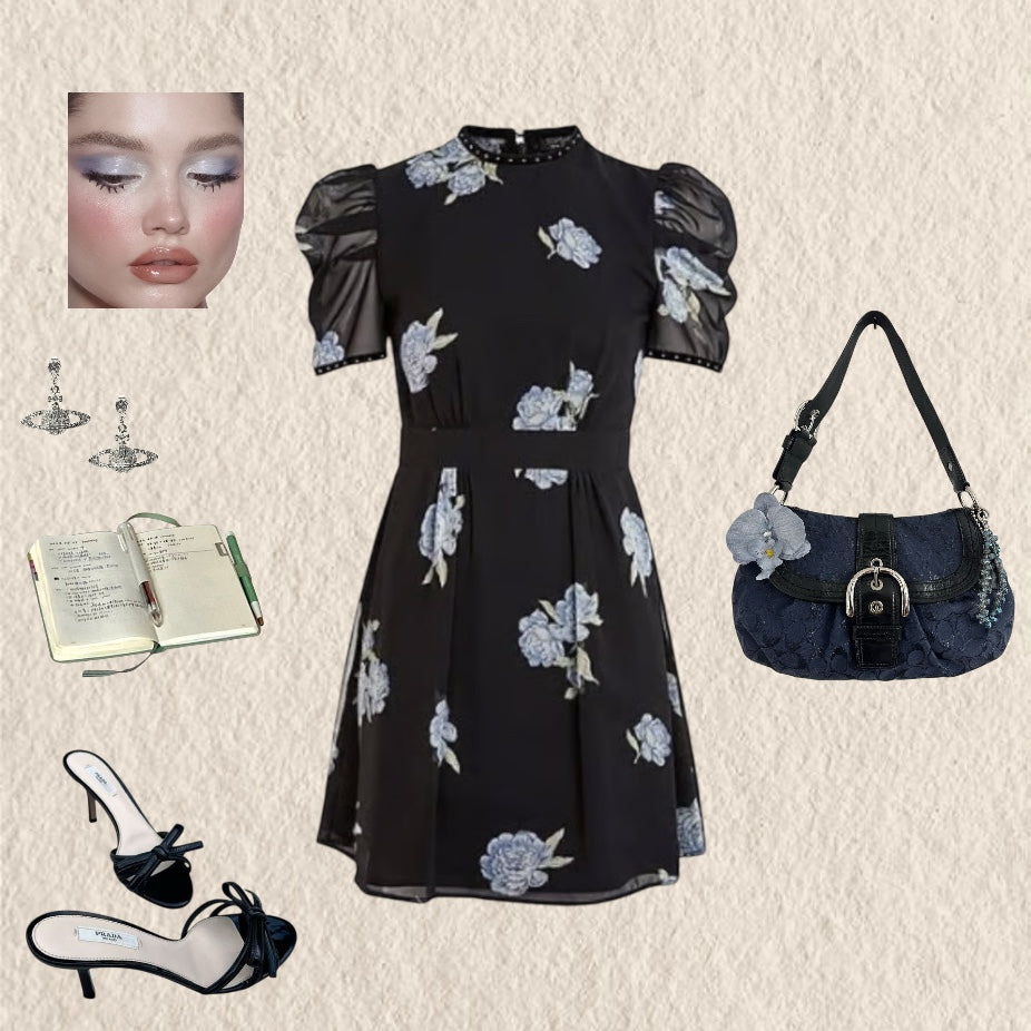 Vestido negro flores azules
