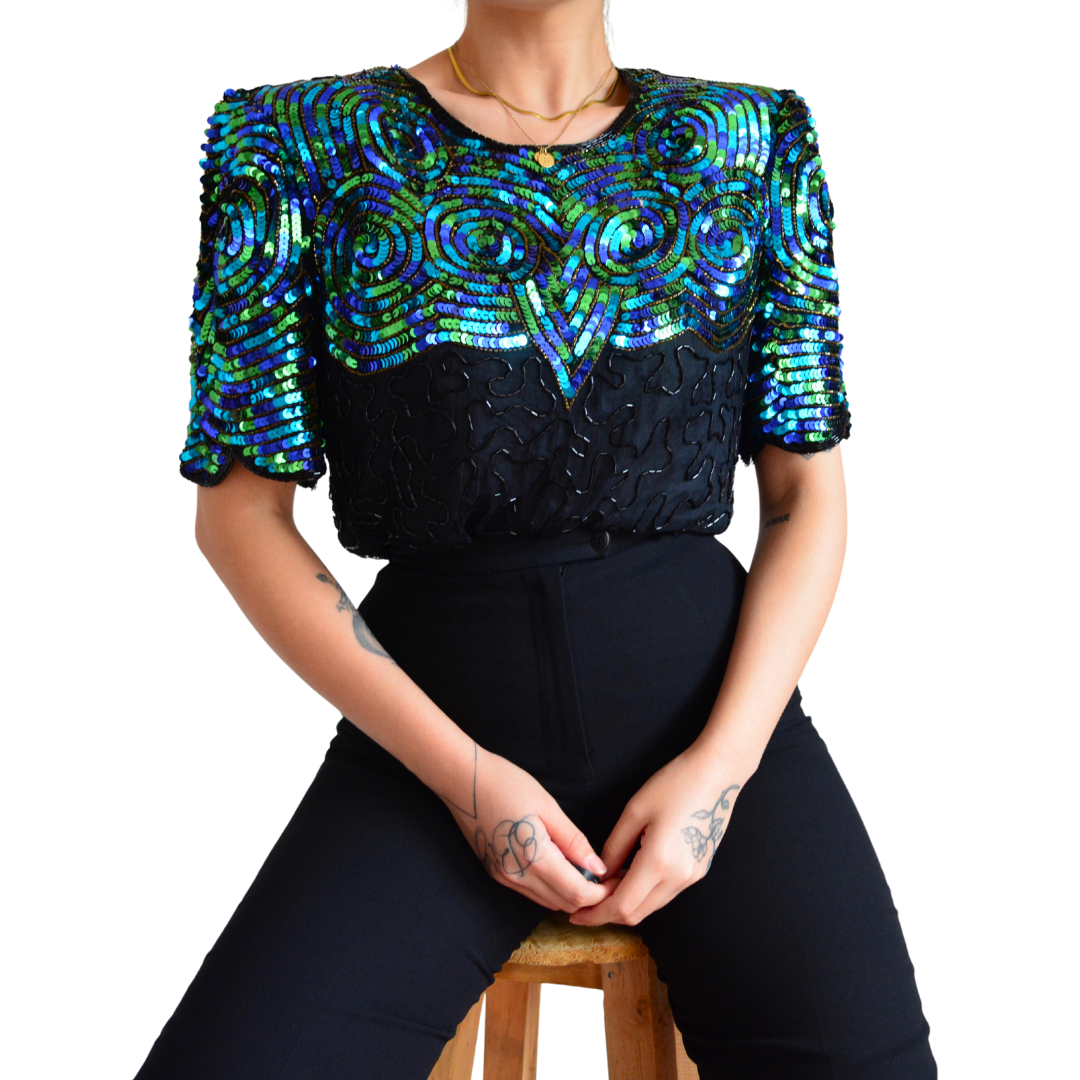 Blusa de seda 80s con lentejuela y canutillo
