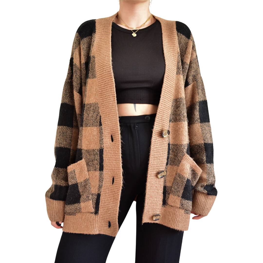 Cardigan cuadriculado café