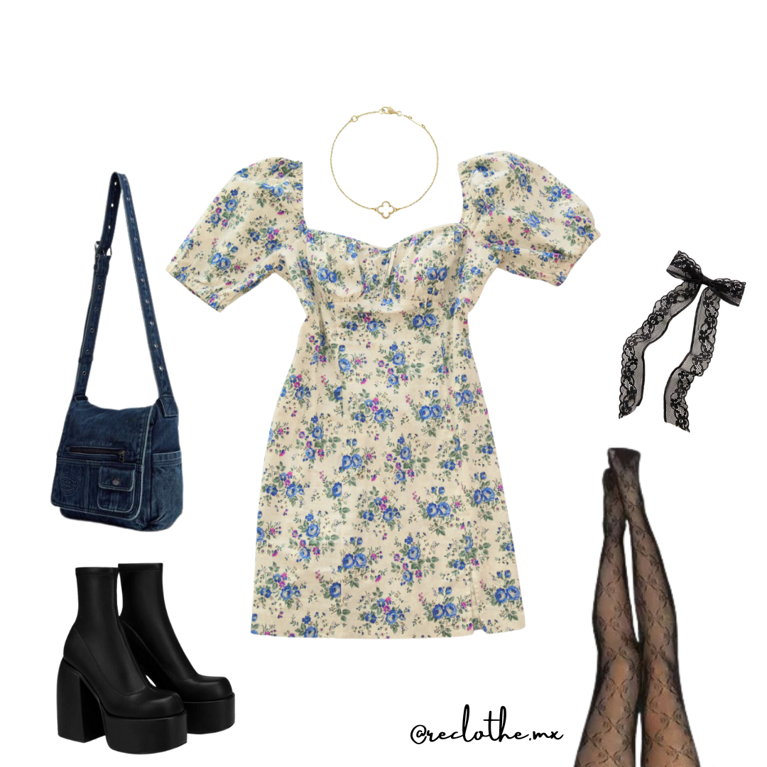 Vestido beige floral mangas globo