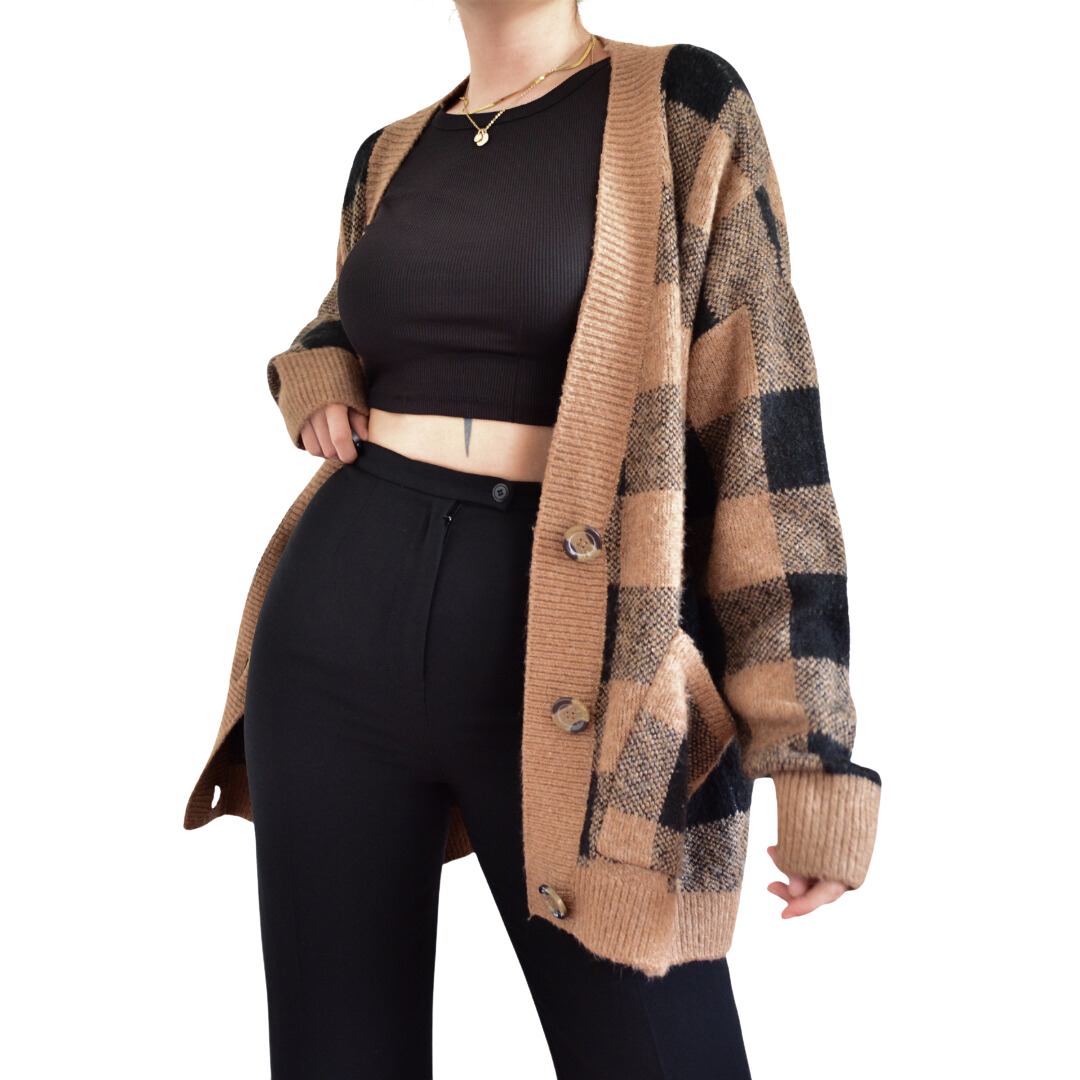 Cardigan cuadriculado café