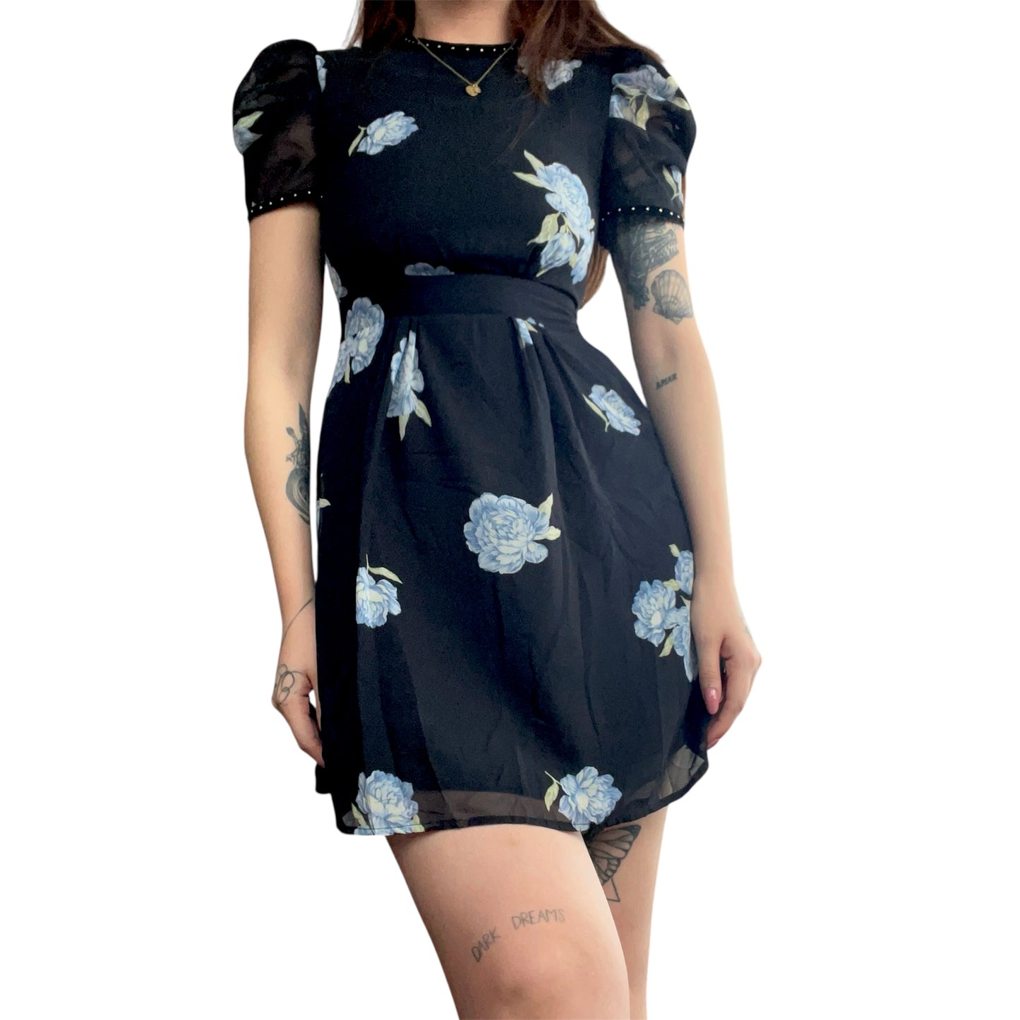 Vestido negro flores azules