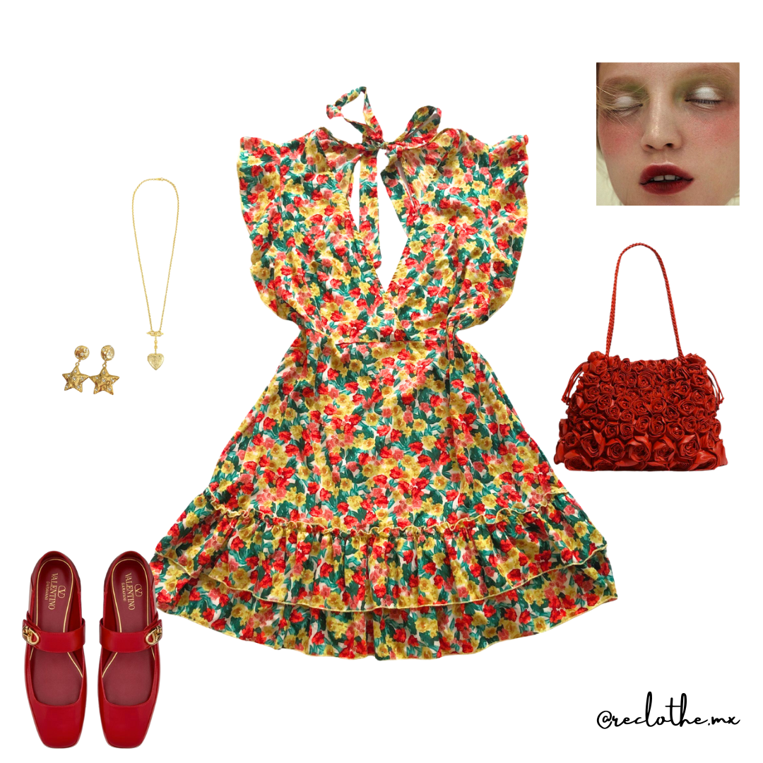 Vestido floral rojo con holanes