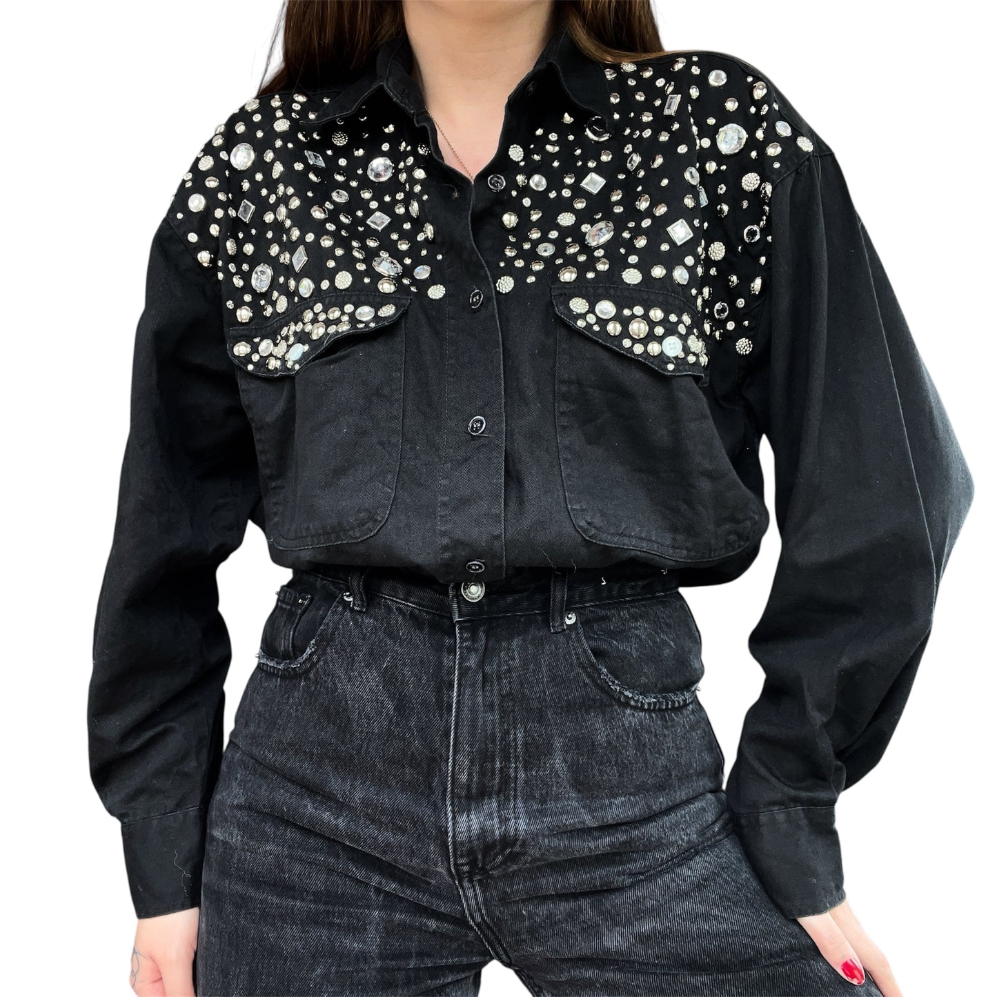 Camisa negra 80s con pedrería