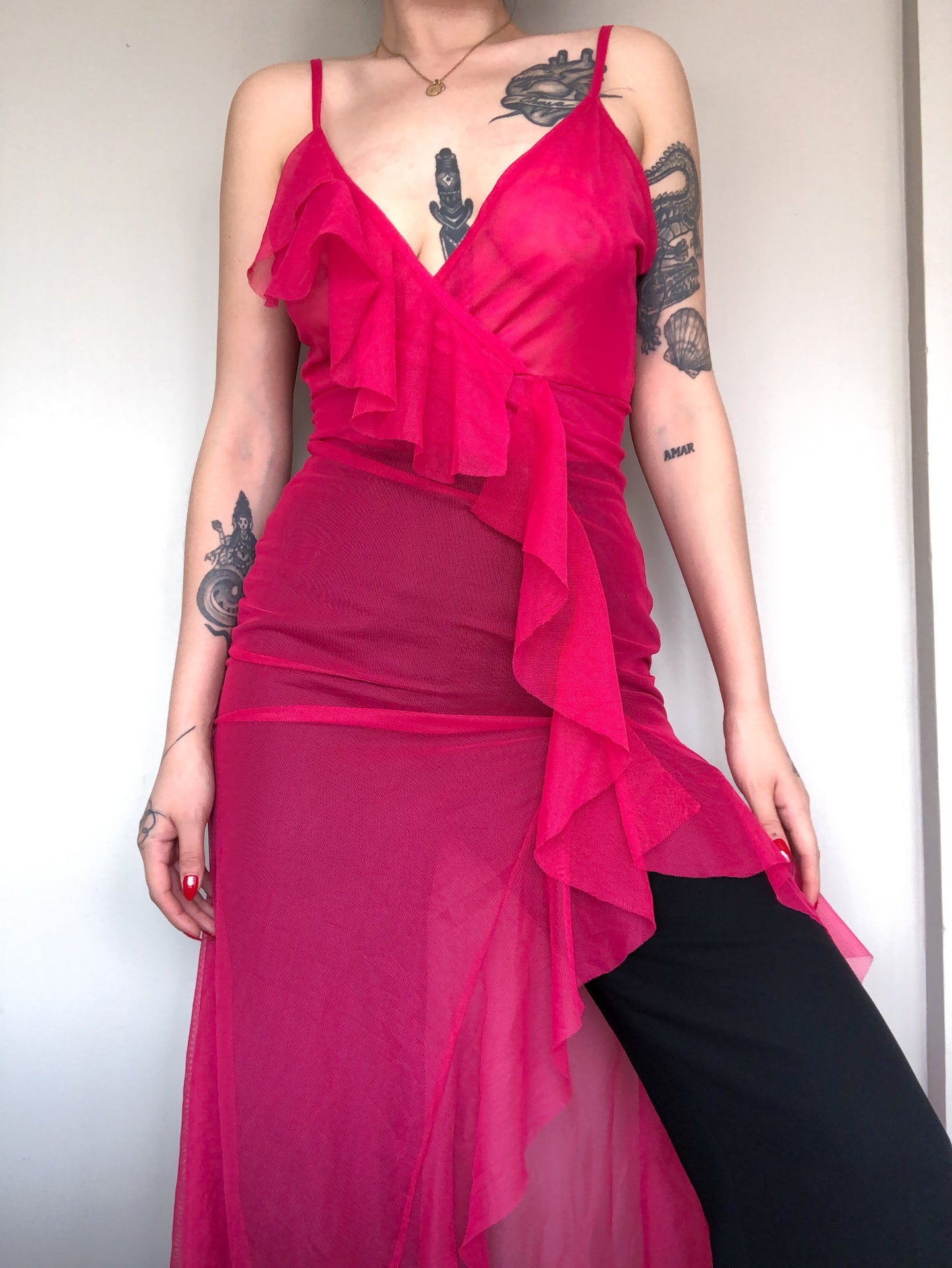 Vestido rosa largo mesh
