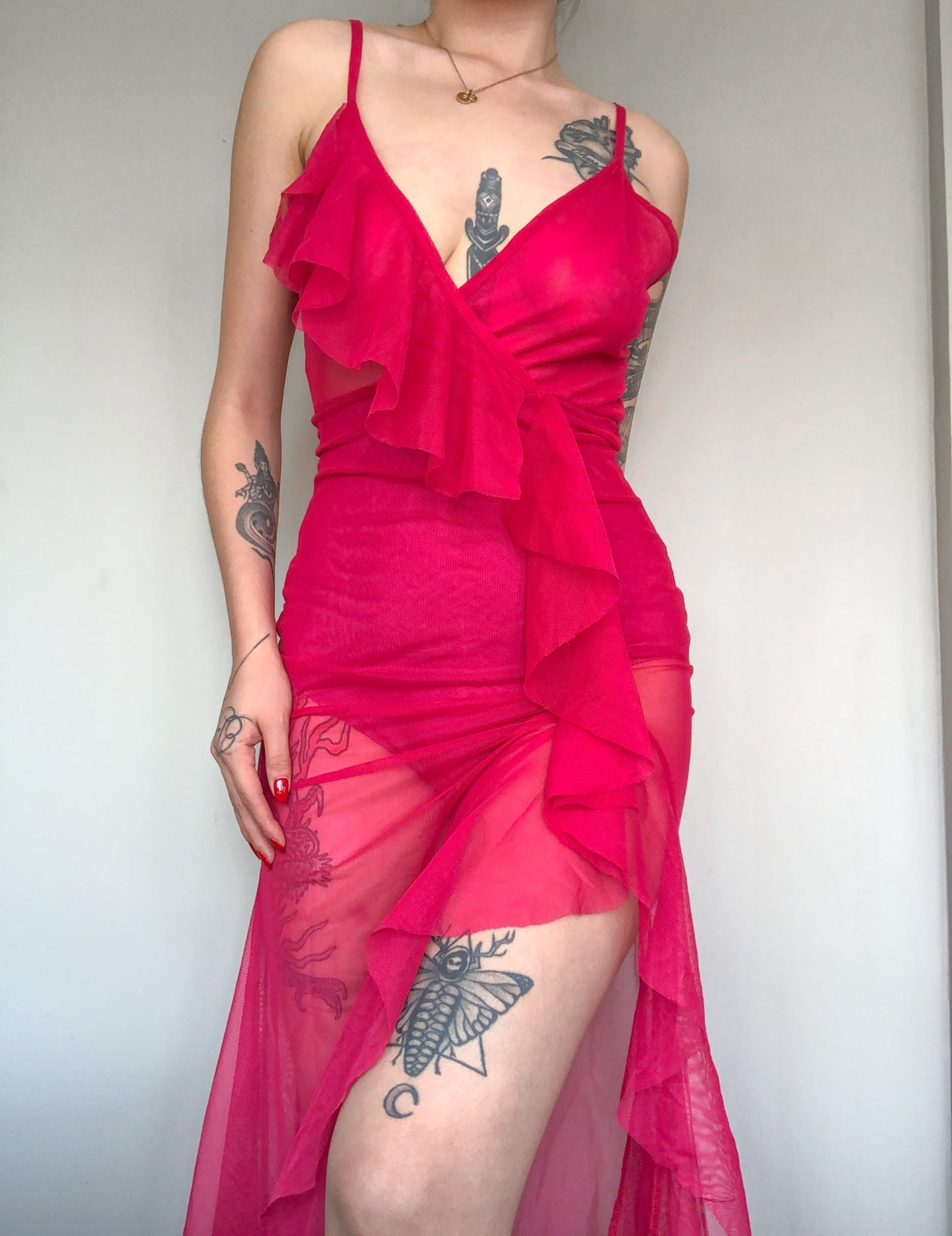 Vestido rosa largo mesh