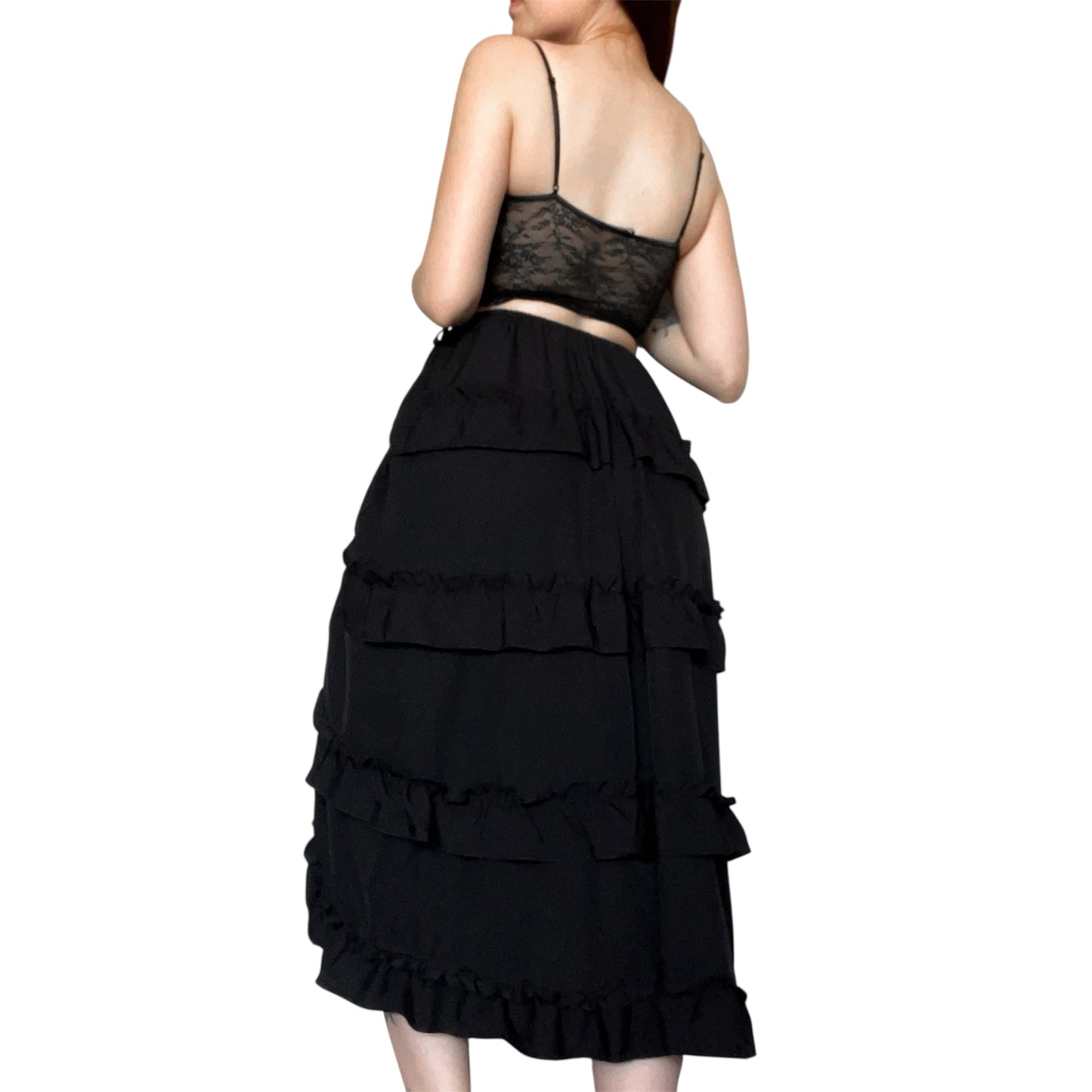 Falda negra midi ruffles y tirantes fruncidos