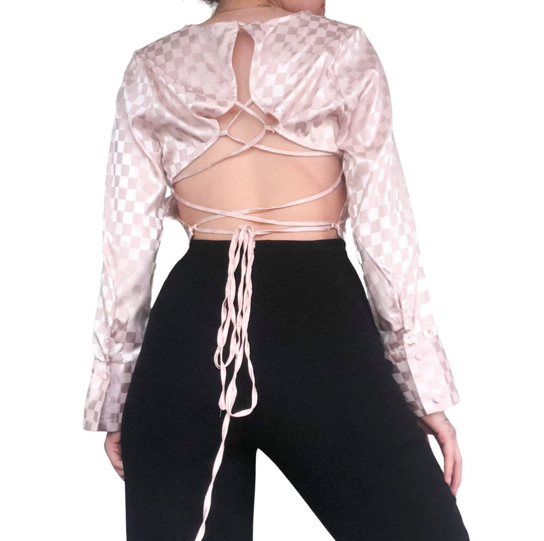Blusa rosa pastel satin escote cruzado