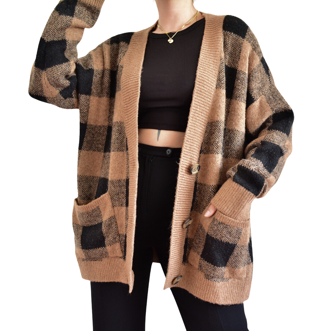 Cardigan cuadriculado café