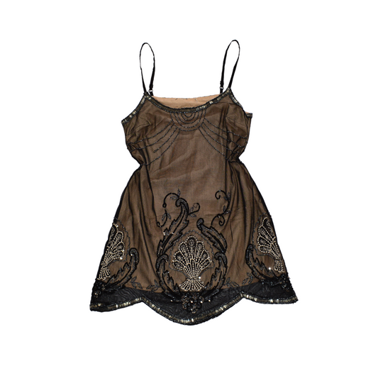 Vestido mesh con canutillo y forro nude