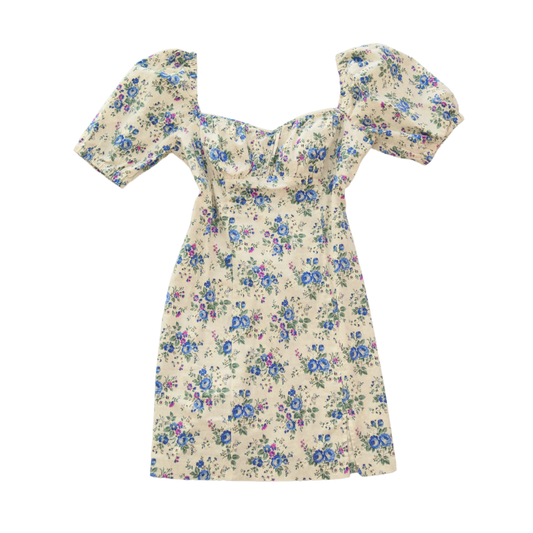 Vestido beige floral mangas globo