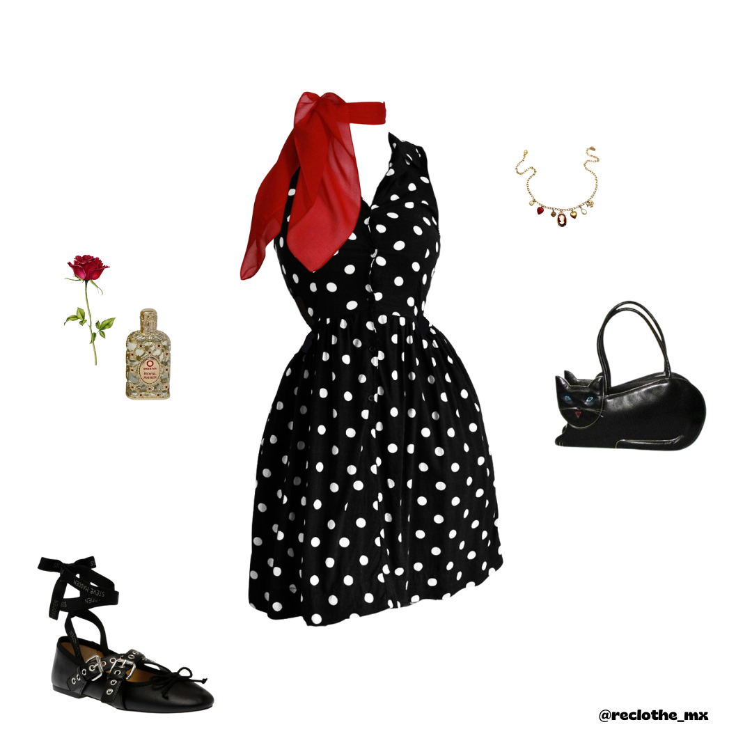 Vestido nego polka dots con bolsas