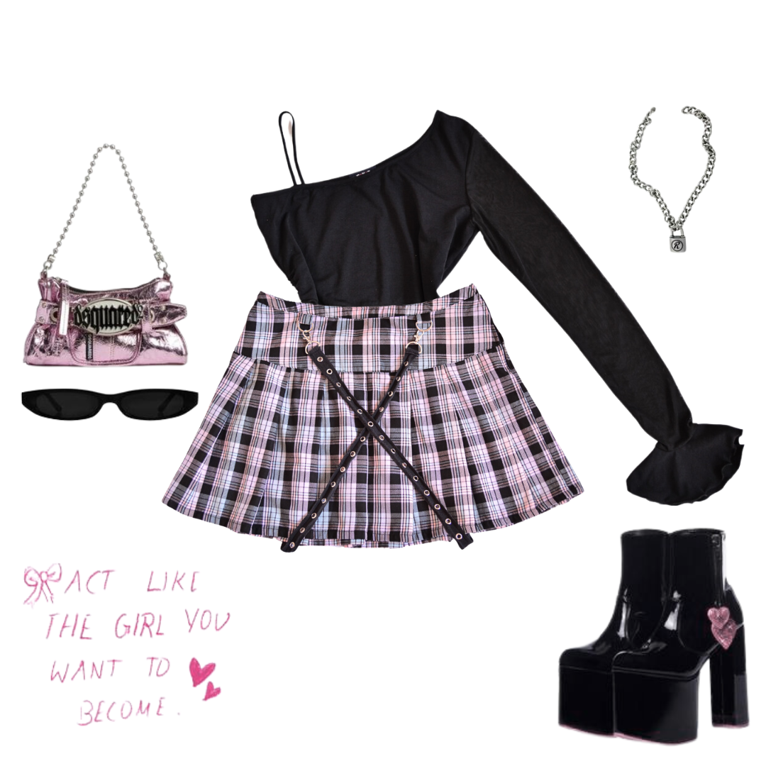 Falda plaid punk rosa pastel con tiras
