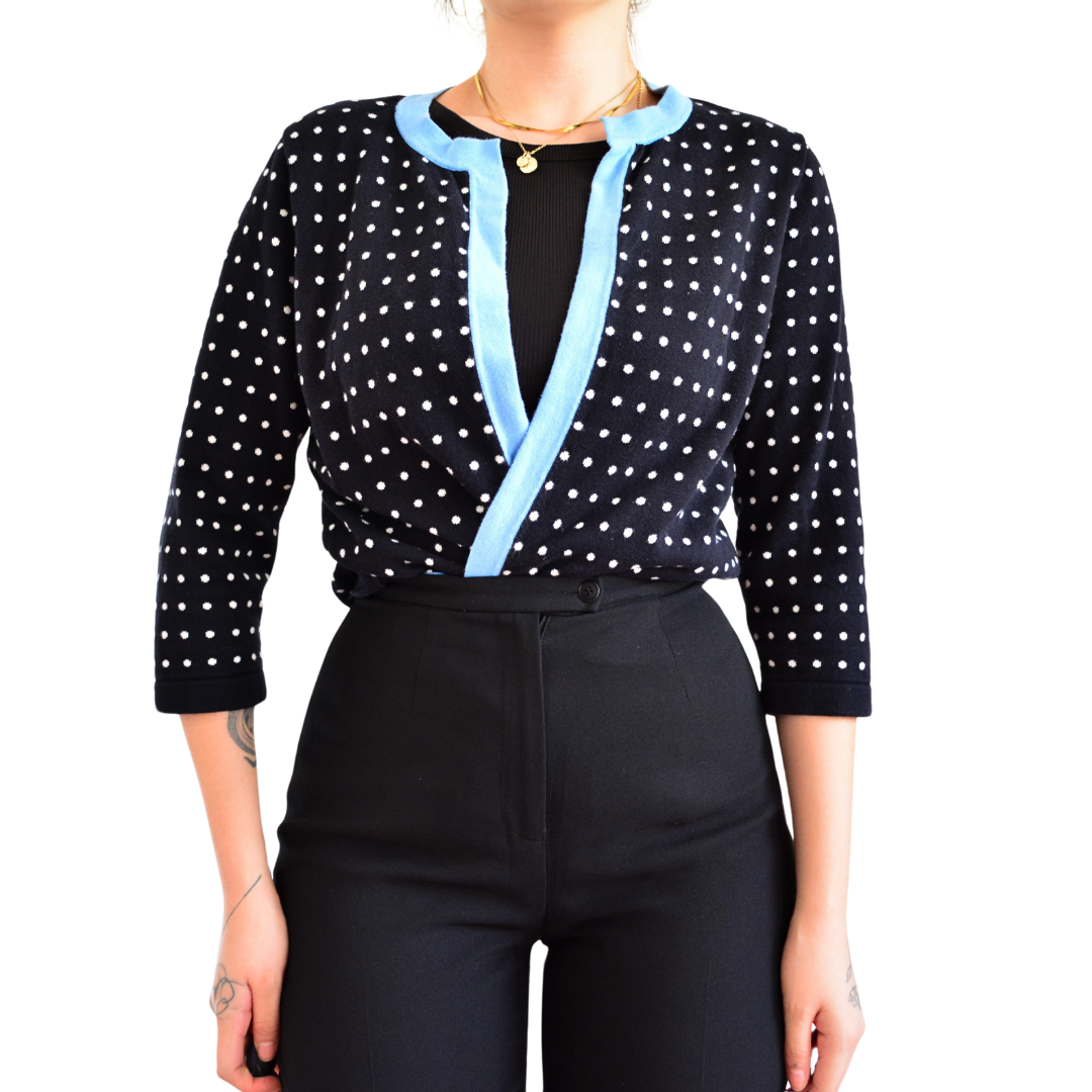 Cardigan polka dots negro con azul