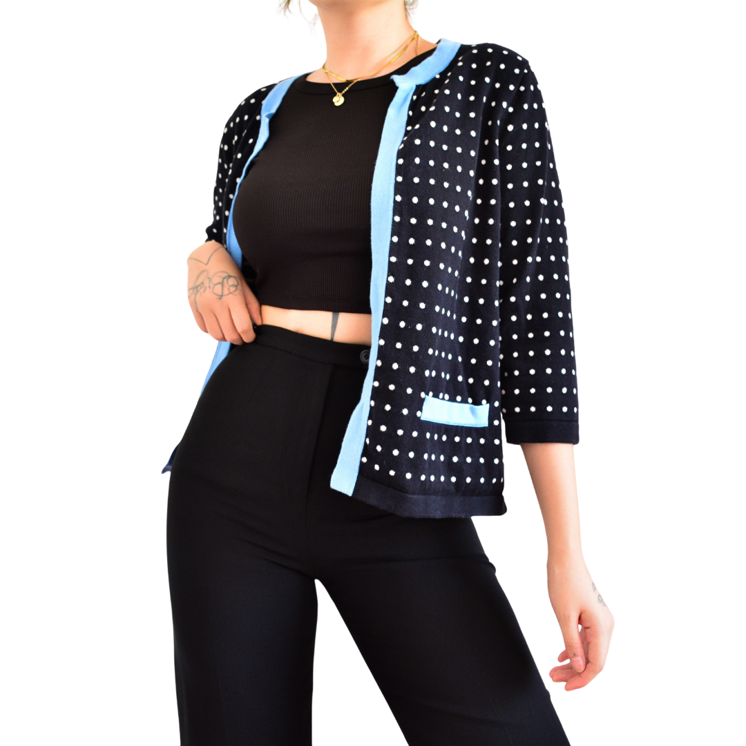 Cardigan polka dots negro con azul