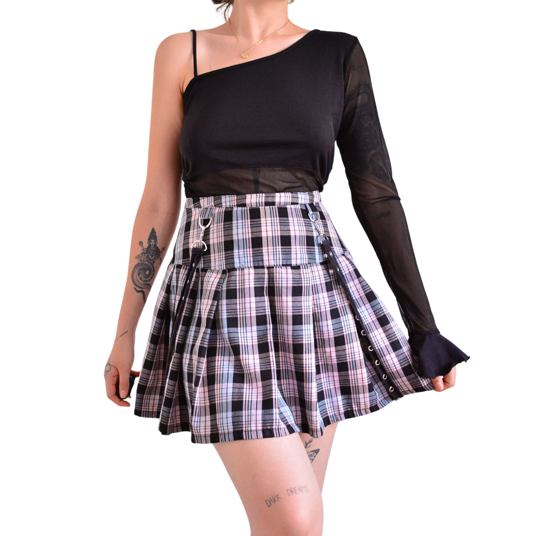 Falda plaid punk rosa pastel con tiras