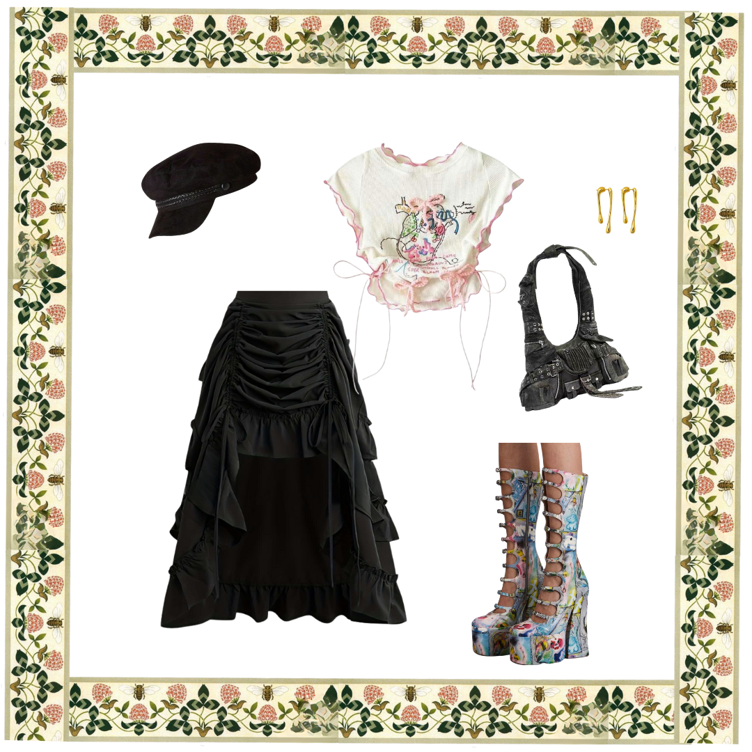 Falda negra midi ruffles y tirantes fruncidos