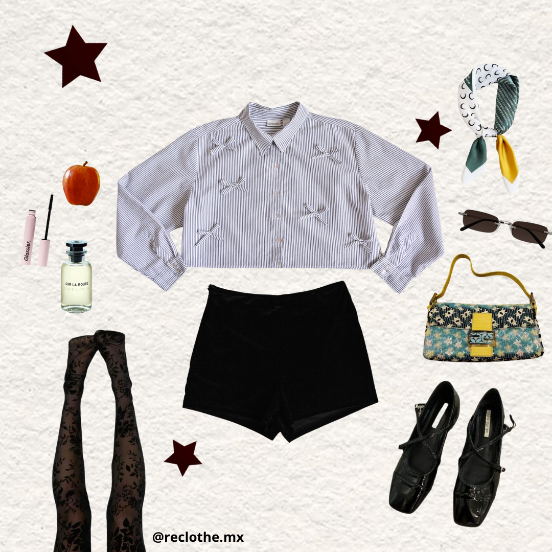 Blusa upcycling de moñitos y líneas