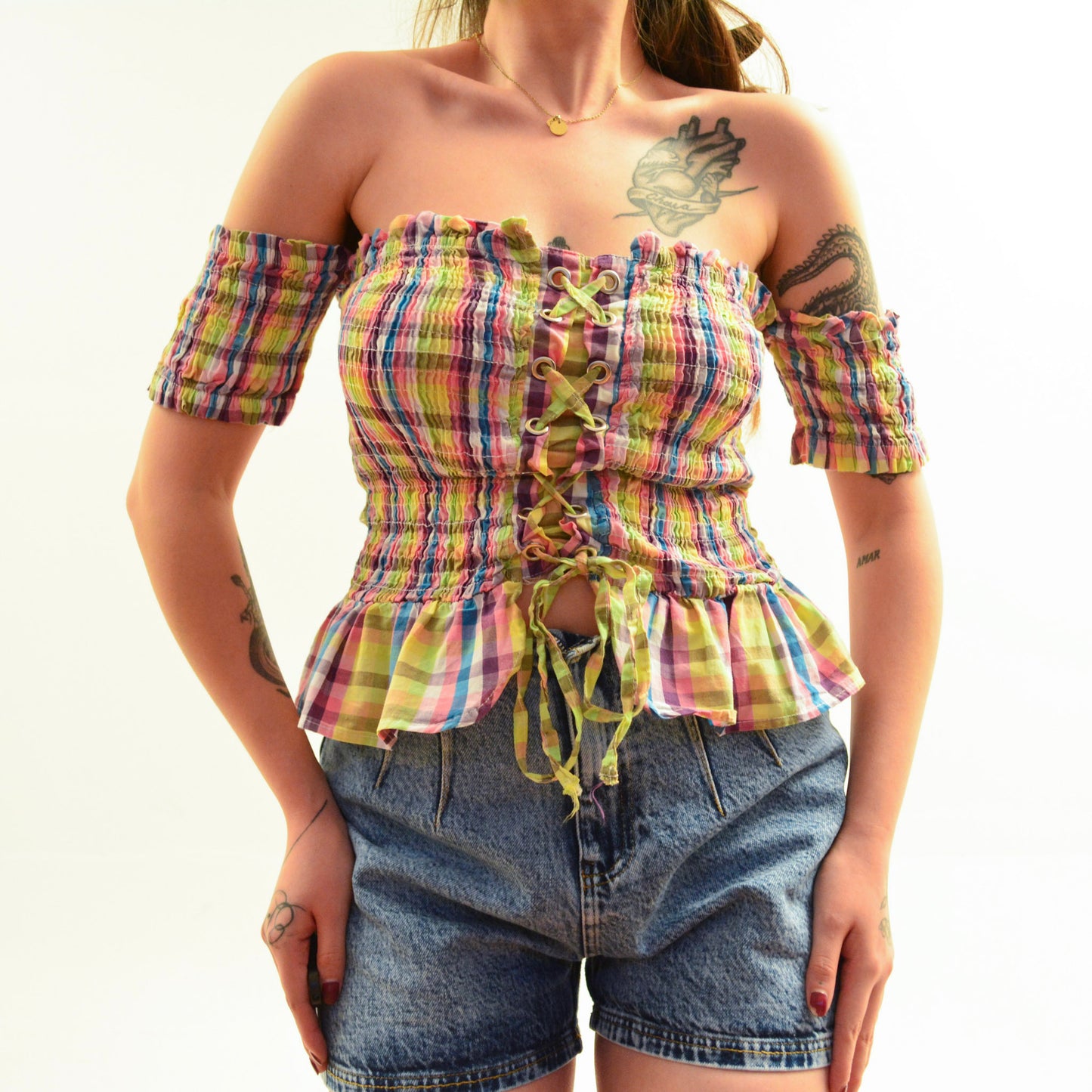 Blusa de cuadros corset fruncida