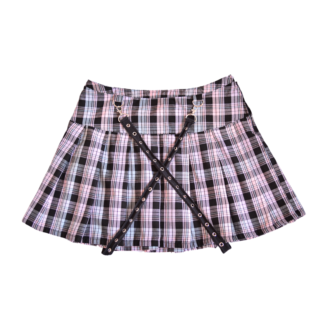 Falda plaid punk rosa pastel con tiras