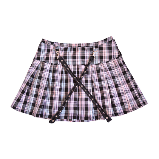 Falda plaid punk rosa pastel con tiras