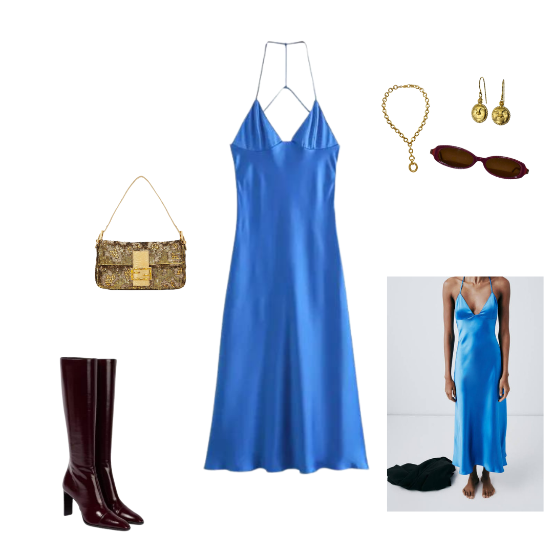 Vestido azul satinado escotado