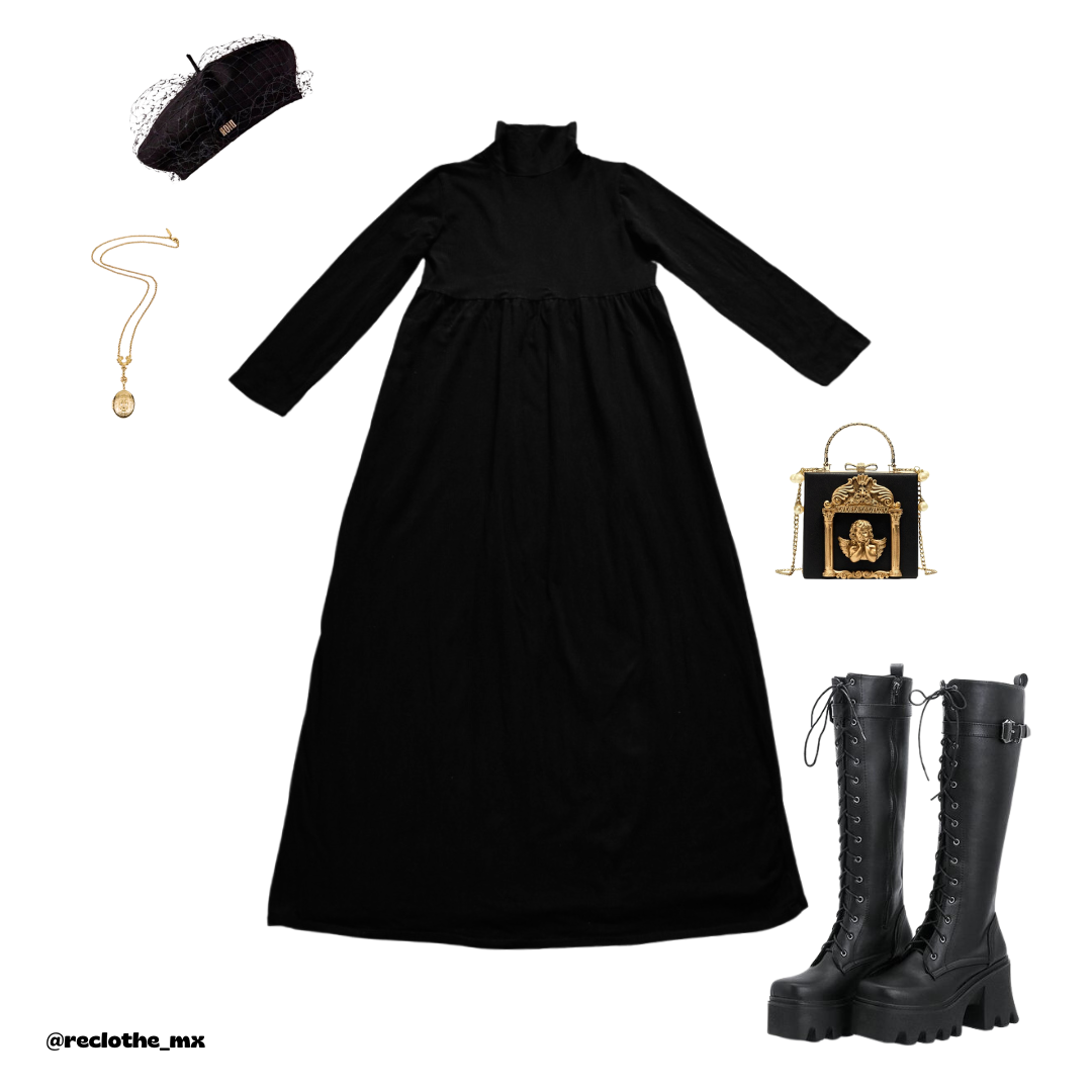 Vestido negro largo con cuello alto