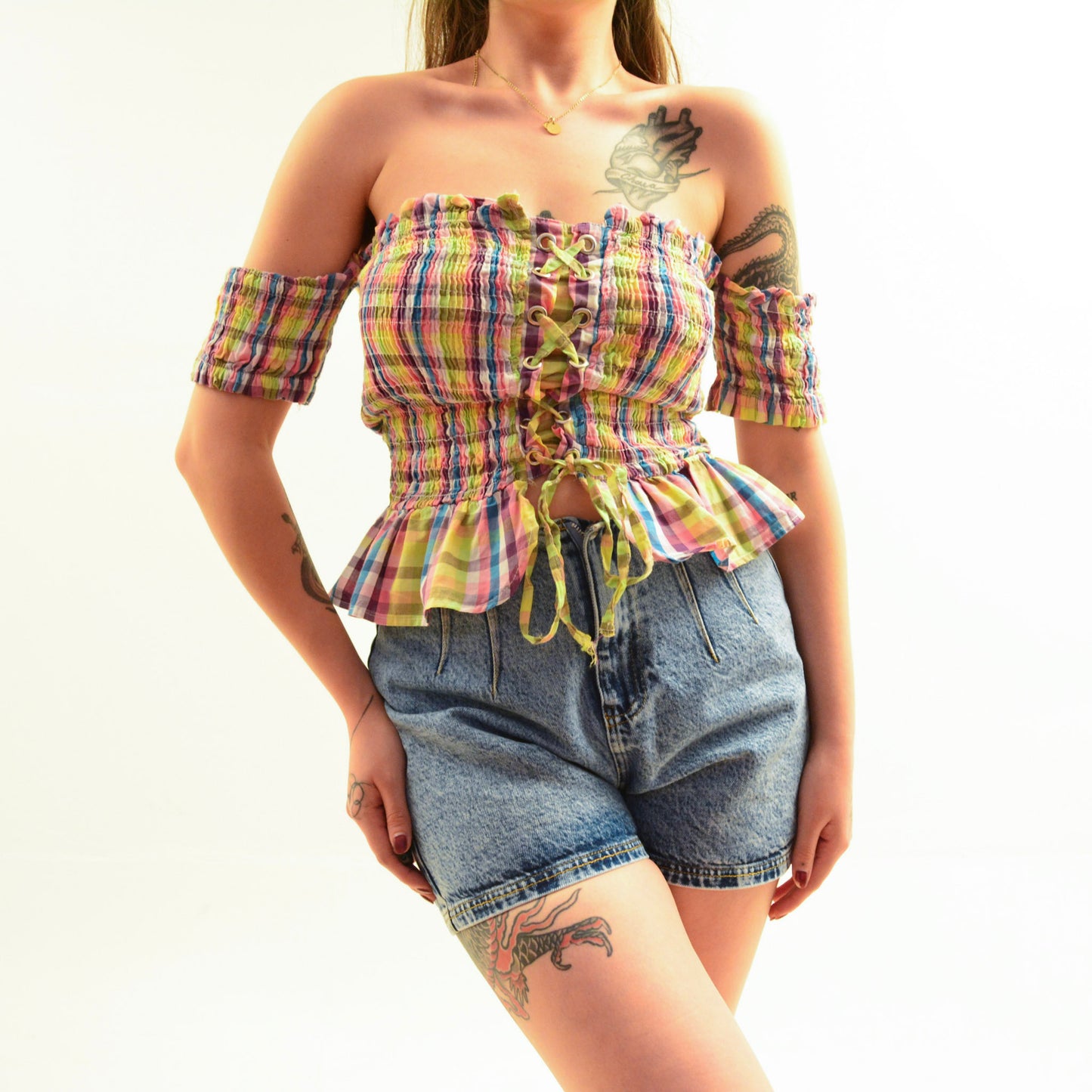 Blusa de cuadros corset fruncida
