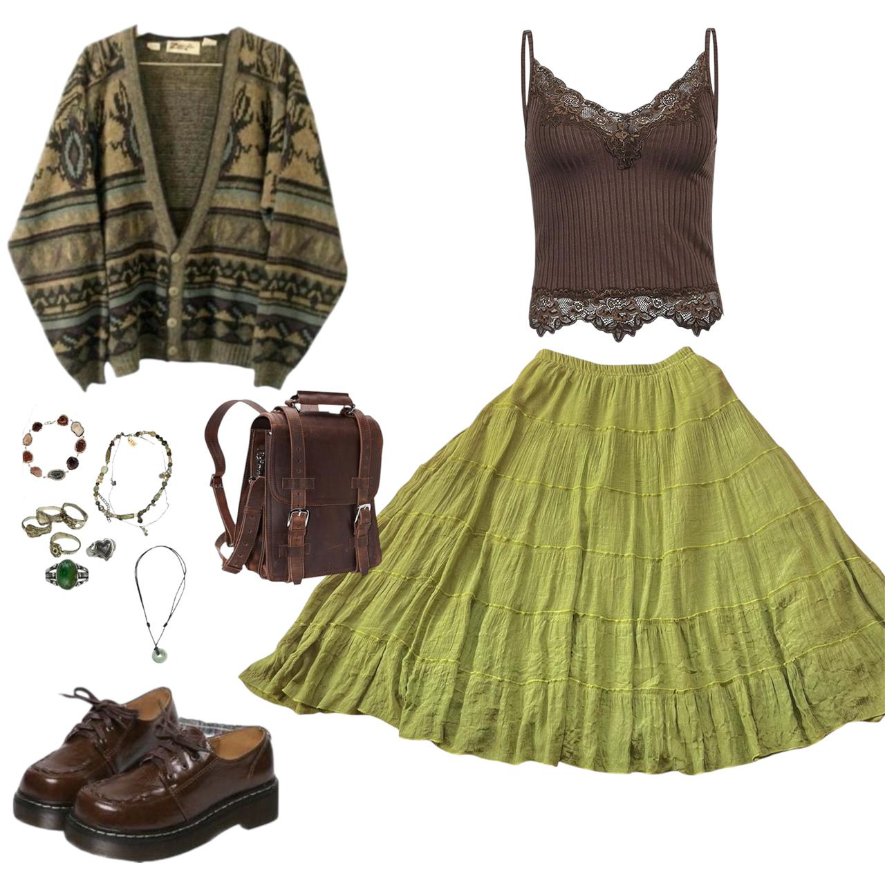 Falda verde larga escalonada