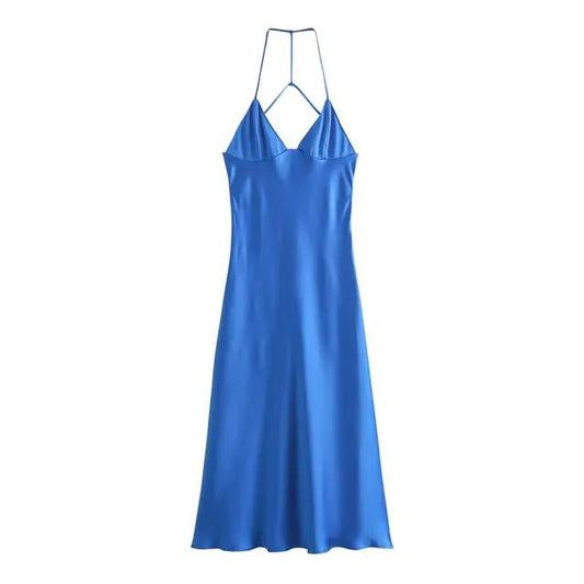 Vestido azul satinado escotado