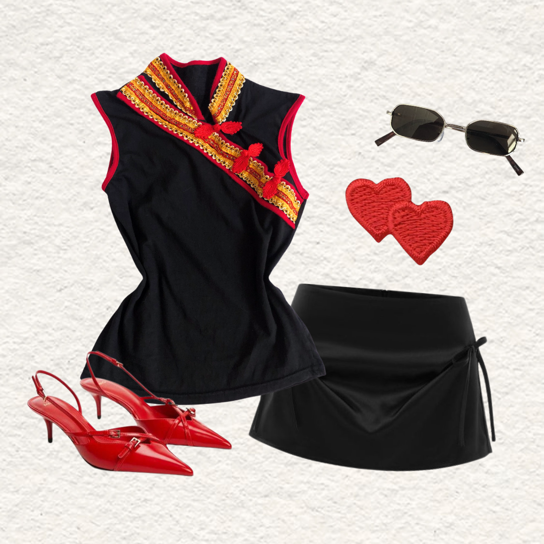 Blusa oriental negro con rojo