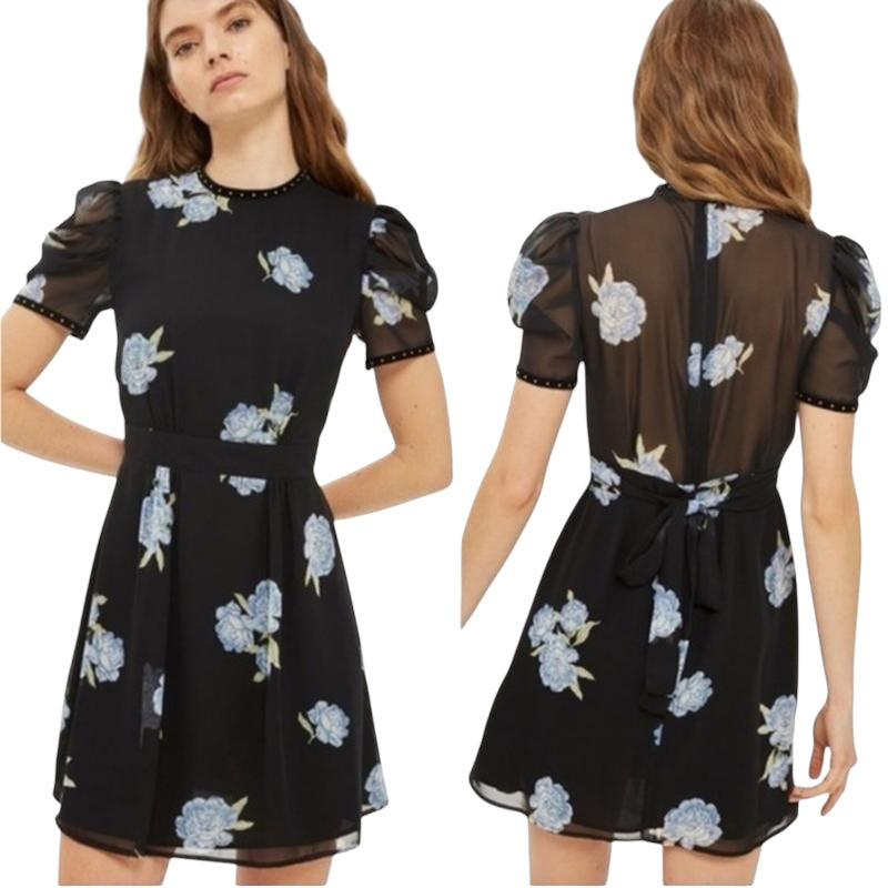 Vestido negro flores azules