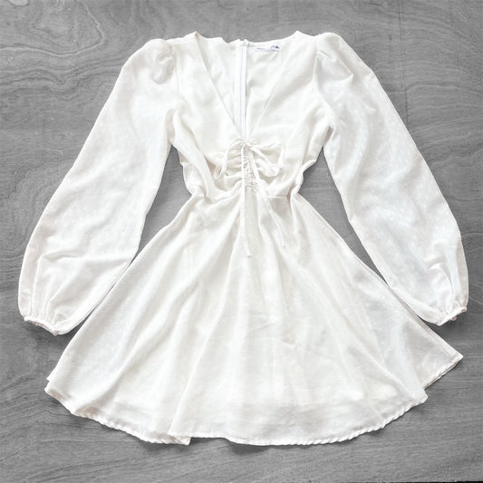 Vestido blanco gasa con escote fruncido