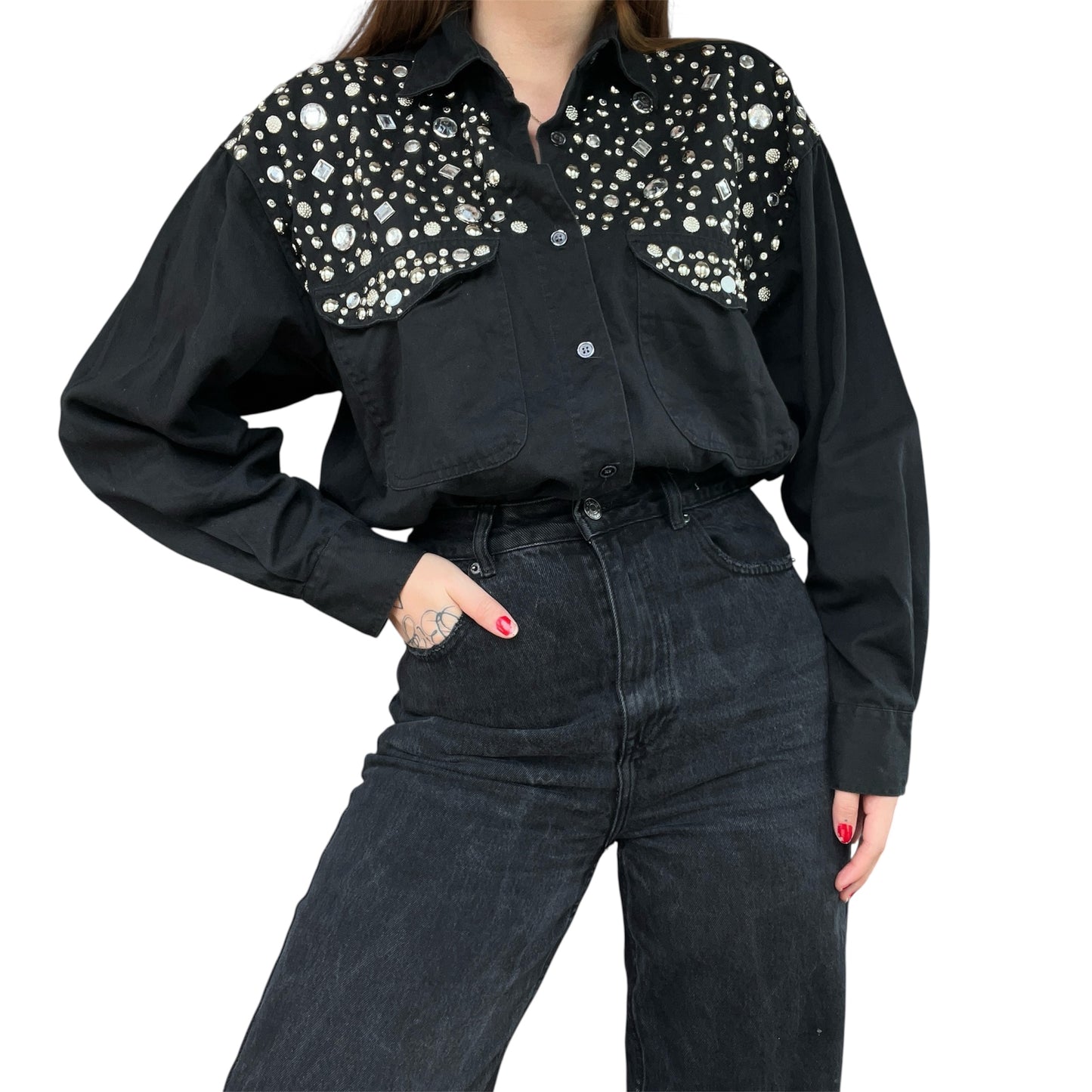 Camisa negra 80s con pedrería